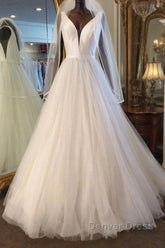 Long A-line V Neck Tulle Satin Wedding Dresses
